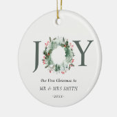 Onze eerste Kerstmis als Mr. Joy Wreath Foto Keramisch Ornament (Links)