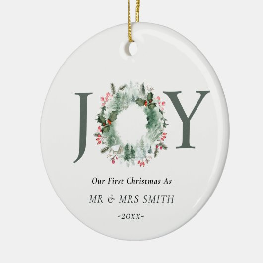Onze eerste Kerstmis als Mr. Joy Wreath Foto Keramisch Ornament (Links)