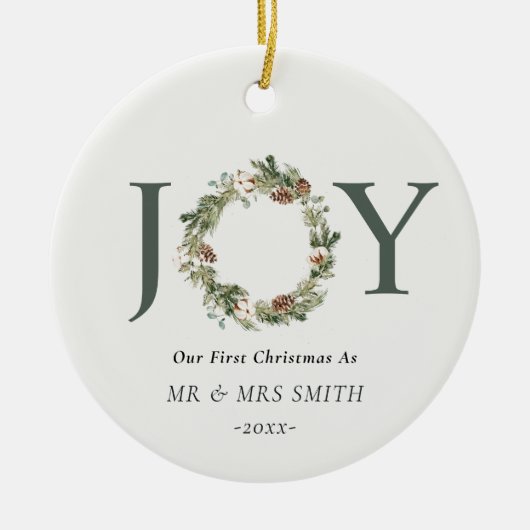 Onze eerste Kerstmis als Mr. Joy Wreath Foto Keramisch Ornament (Voorkant)