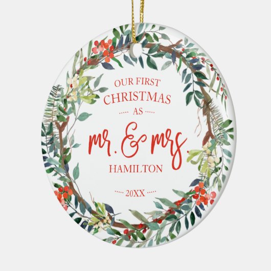 Onze eerste Kerstmis als Mr. & Mrs. 2020 Rustic Wr Keramisch Ornament (Links)