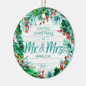 Onze eerste Kerstmis als Mr. & Mrs. 2020 Rustic Wr Keramisch Ornament (Links)