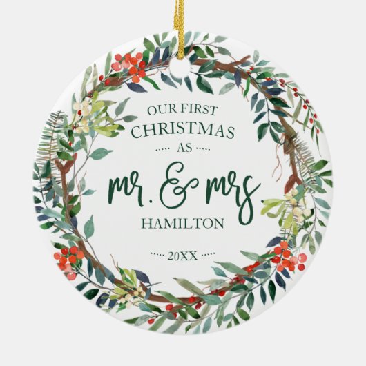 Onze eerste Kerstmis als Mr. & Mrs. 2020 Rustic Wr Keramisch Ornament (Achterkant)
