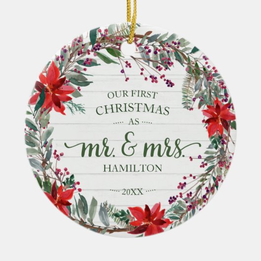 Onze eerste Kerstmis als Mr. & Mrs. 2020 Rustic Wr Keramisch Ornament (Voorkant)
