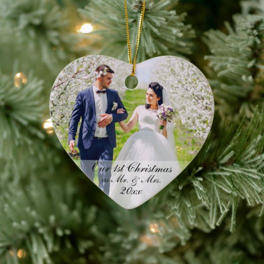 Onze eerste Kerstmis als Mr. & Mrs. 2 Foto Heart Keramisch Ornament (Boom)
