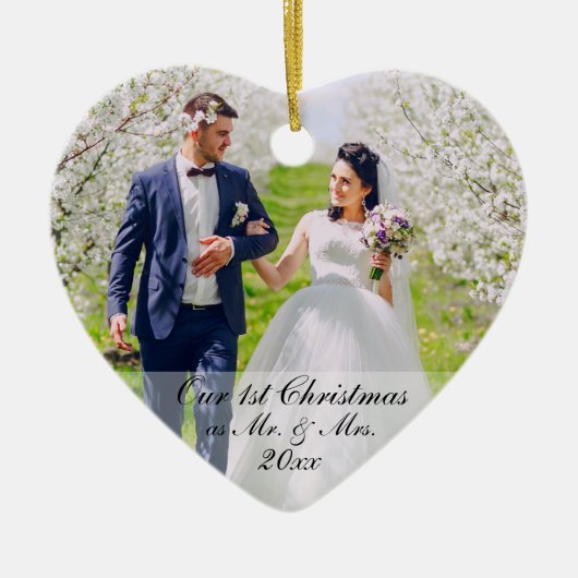 Onze eerste Kerstmis als Mr. & Mrs. 2 Foto Heart Keramisch Ornament (Voorkant)