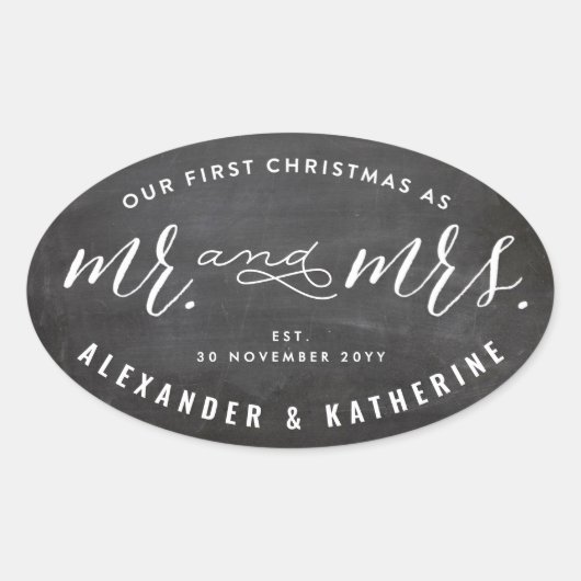 Onze eerste Kerstmis als Mr & Mrs Chalkboard Weddi Ovale Sticker (Voorkant)