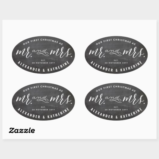 Onze eerste Kerstmis als Mr & Mrs Chalkboard Weddi Ovale Sticker (Vel)