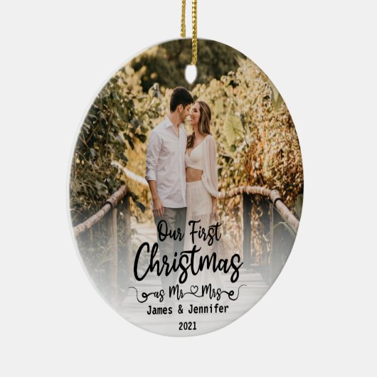 Onze eerste Kerstmis als Mr & Mrs Custom 2 Foto Keramisch Ornament (Rechts)
