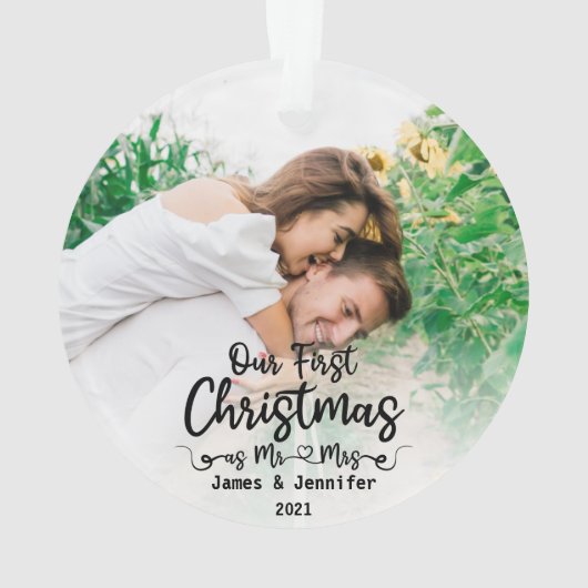Onze eerste Kerstmis als Mr & Mrs Custom 2 Foto Ornament (achterkant)