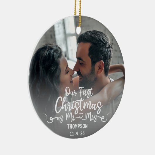 Onze eerste Kerstmis als Mr & Mrs Custom Foto Keramisch Ornament (Rechts)