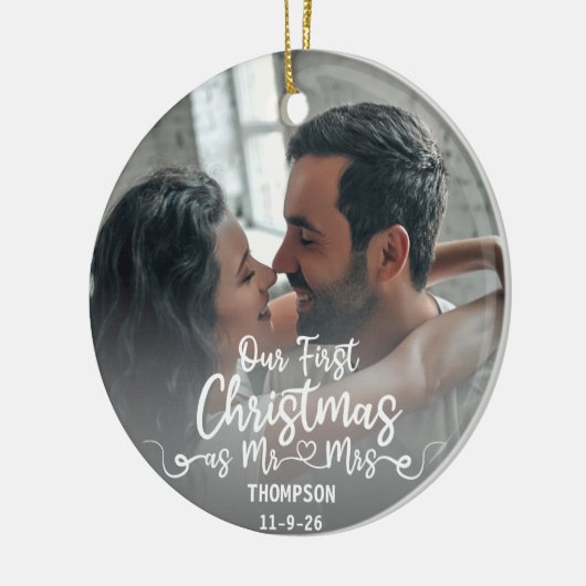Onze eerste Kerstmis als Mr & Mrs Custom Foto Keramisch Ornament (Links)