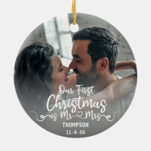 Onze eerste Kerstmis als Mr & Mrs Custom Foto Keramisch Ornament (Achterkant)