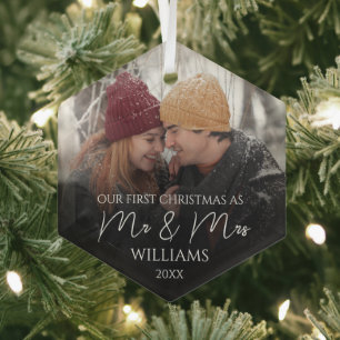 Onze eerste Kerstmis als Mr & Mrs Elegant Foto Glas Ornament