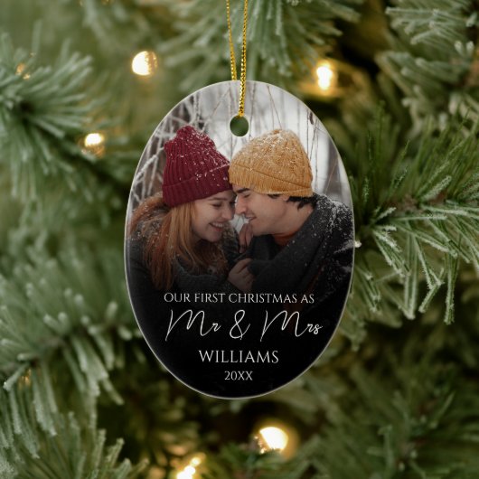 Onze eerste Kerstmis als Mr & Mrs Elegant Foto Keramisch Ornament (Boom)