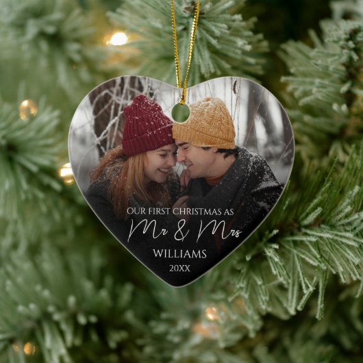 Onze eerste Kerstmis als Mr & Mrs Elegant Foto Keramisch Ornament (Boom)