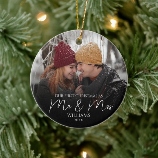 Onze eerste Kerstmis als Mr & Mrs Elegant Foto Keramisch Ornament (Boom)