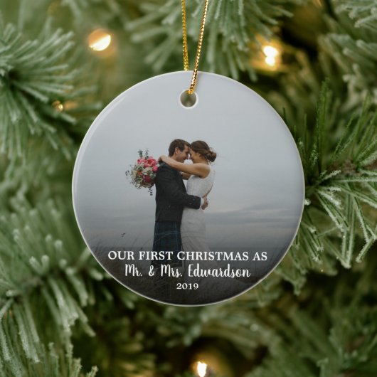 Onze eerste Kerstmis als Mr & Mrs Foto Keramisch Ornament (Boom)