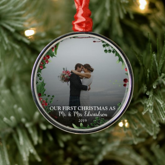 Onze eerste Kerstmis als Mr & Mrs Foto Naam. Metalen Ornament (Boom)