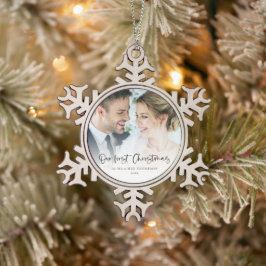 Onze eerste Kerstmis als Mr. Mrs Fotoscript Tin Sneeuwvlok Ornament