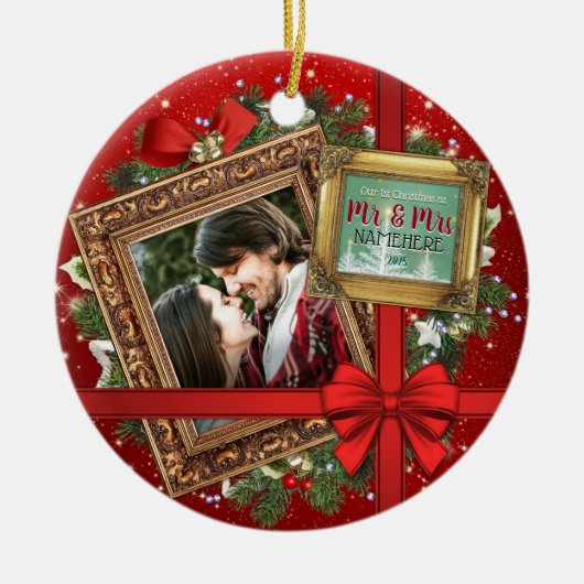 Onze eerste Kerstmis als Mr & Mrs Gold Lijst Foto Keramisch Ornament (Voorkant)
