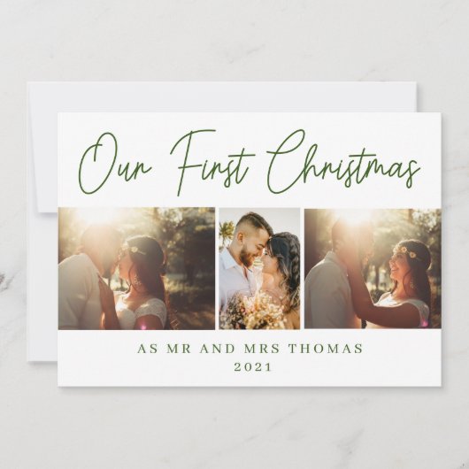 Onze eerste Kerstmis als Mr & Mrs Green Script Fot Feestdagenkaart (Voorkant)