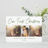Onze eerste Kerstmis als Mr & Mrs Green Script Fot Feestdagenkaart (Staand voorkant)