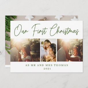 Onze eerste Kerstmis als Mr & Mrs Green Script Fot Feestdagenkaart