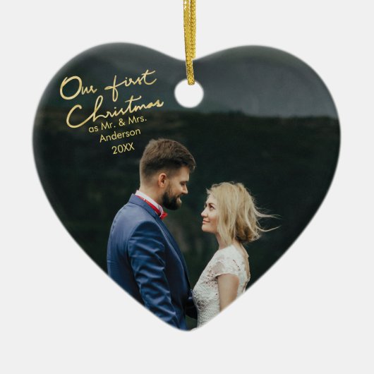 Onze eerste Kerstmis als Mr & Mrs Heart Keepomwill Keramisch Ornament (Voorkant)