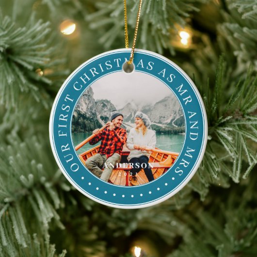 Onze eerste Kerstmis als Mr & Mrs Modern Foto Keramisch Ornament (Boom)