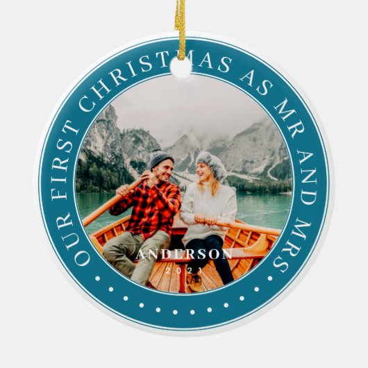Onze eerste Kerstmis als Mr & Mrs Modern Foto Keramisch Ornament (Achterkant)