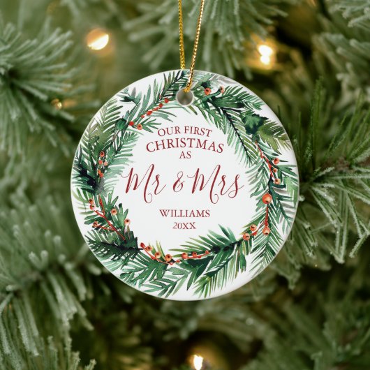 Onze eerste Kerstmis als Mr & Mrs Names Fotokrans Keramisch Ornament (Boom)