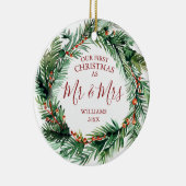 Onze eerste Kerstmis als Mr & Mrs Names Fotokrans Keramisch Ornament (Rechts)