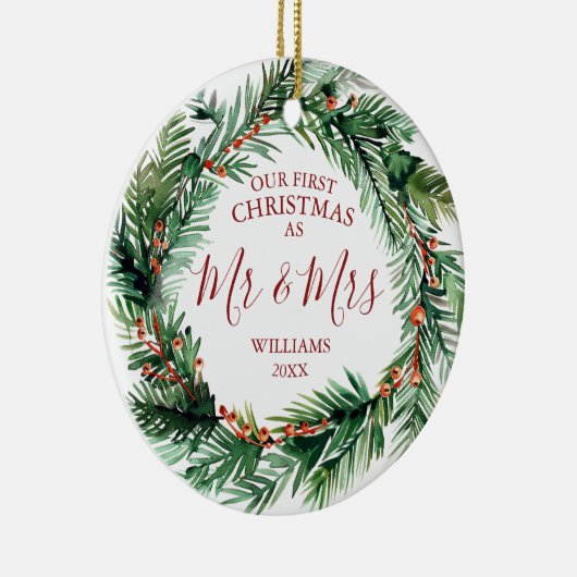 Onze eerste Kerstmis als Mr & Mrs Names Fotokrans Keramisch Ornament (Rechts)