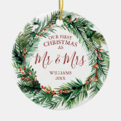 Onze eerste Kerstmis als Mr & Mrs Names Fotokrans Keramisch Ornament (Voorkant)