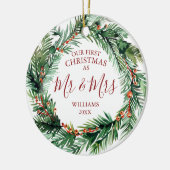 Onze eerste Kerstmis als Mr & Mrs Names Fotokrans Keramisch Ornament (Links)