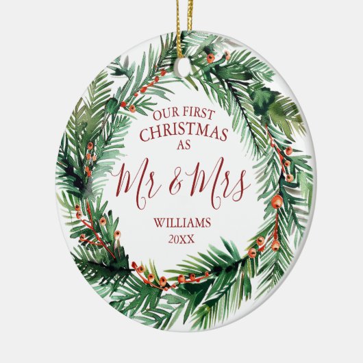 Onze eerste Kerstmis als Mr & Mrs Names Fotokrans Keramisch Ornament (Links)