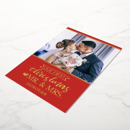 Onze eerste Kerstmis als Mr & Mrs newlyweds Folie Feestdagenkaart (Gedraaid)