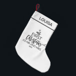 Onze eerste Kerstmis als Mr & Mrs Persoonlijke Naa Kleine Kerstsok<br><div class="desc">Dit "onze eerste kerstmis als de heer en mevrouw" gepersonaliseerde naam kerstmis stocking is de perfecte romantische vakantie in het bezit en in het belang van de mensen. Het ontwerp bevat een diamantring en de woorden "onze eerste kerstman als meneer en mrs" met het jaar die allemaal als een kerstboom...</div>