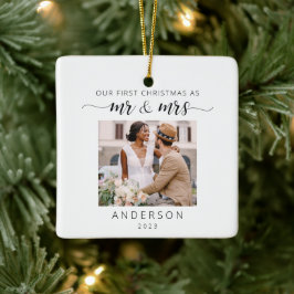Onze eerste Kerstmis als Mr & Mrs Photo Minimalist Keramisch Ornament