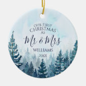 Onze eerste Kerstmis als Mr & Mrs Photo Pine Fores Keramisch Ornament (Voorkant)