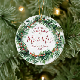 Onze eerste Kerstmis als Mr & Mrs Photo Wreath Keramisch Ornament