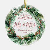 Onze eerste Kerstmis als Mr & Mrs Photo Wreath Keramisch Ornament (Voorkant)