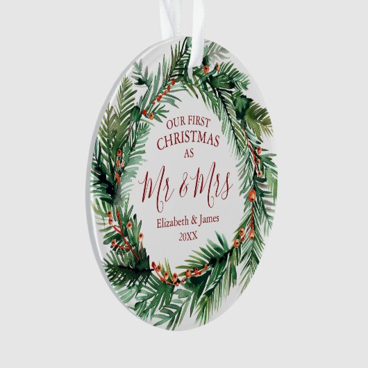 Onze eerste Kerstmis als Mr & Mrs Photo Wreath Ornament (voorkant)