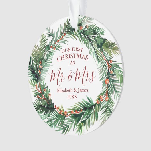 Onze eerste Kerstmis als Mr & Mrs Photo Wreath Ornament (voorkant)