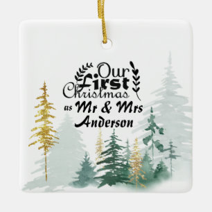 Onze eerste Kerstmis als Mr & Mrs Pine Trees Keramisch Ornament
