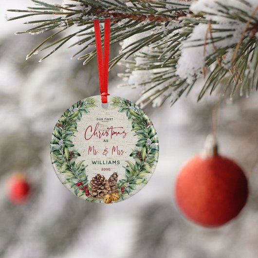 Onze eerste Kerstmis als Mr & Mrs PIne Wreath Foto Keramisch Ornament