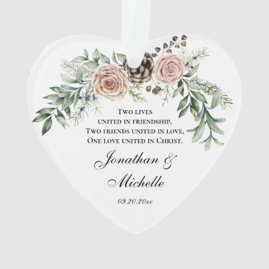 Onze eerste Kerstmis als Mr & Mrs Pink Roses Ornament (achterkant)