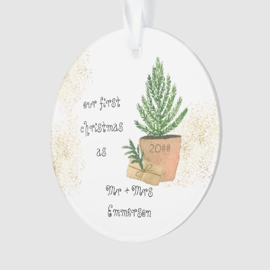 Onze eerste Kerstmis als Mr & Mrs Potted Fir Tree. Ornament (voorkant)