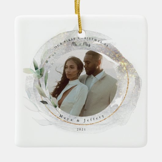 Onze eerste Kerstmis als Mr.&Mrs Silver & Gold Fot Keramisch Ornament (Voorkant)