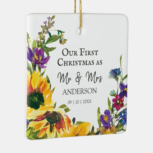 Onze eerste Kerstmis als Mr & Mrs Sunflower. Keramisch Ornament (Rechts)